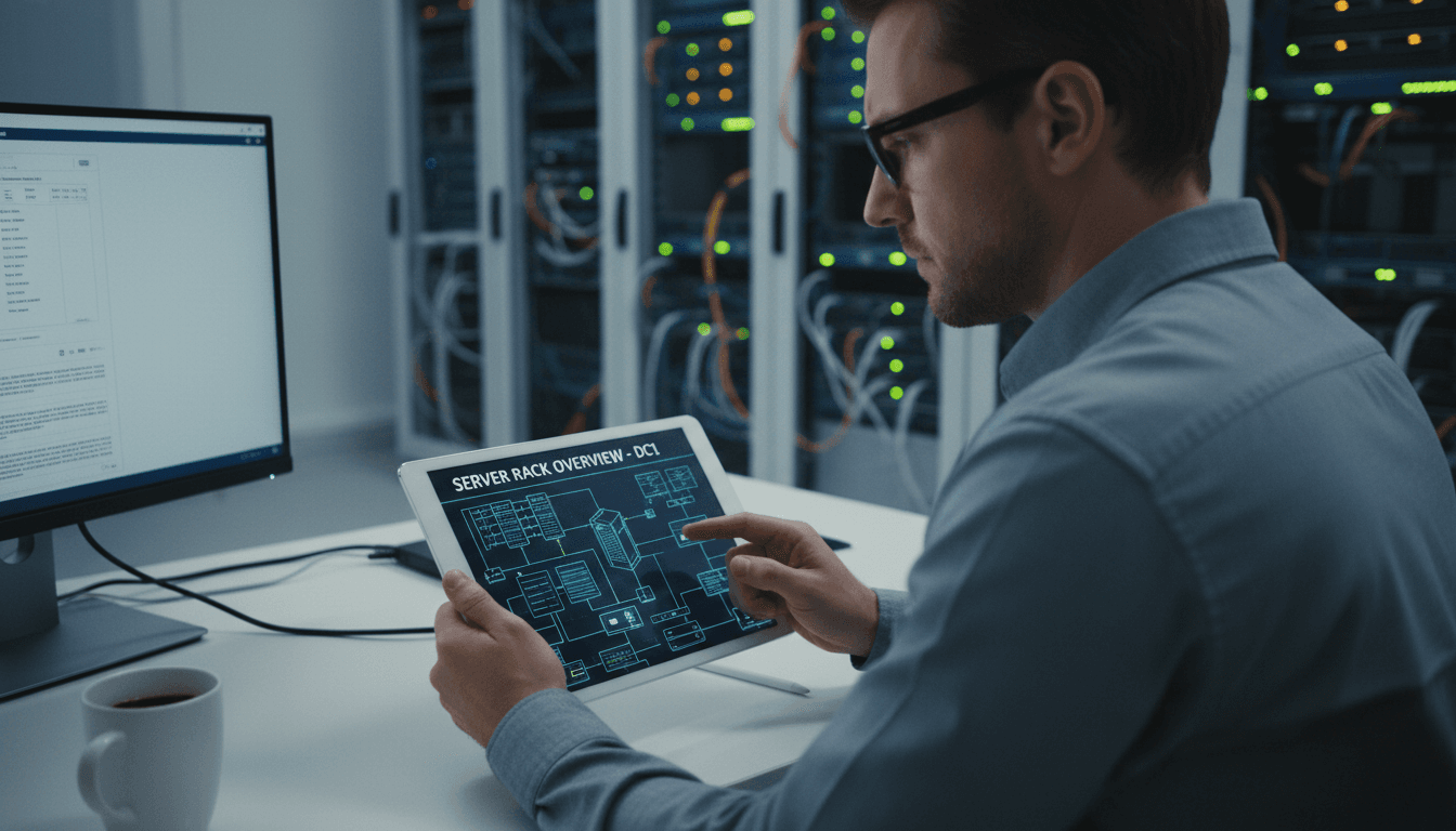 IT consultant reviewing server diagrams on a tablet
