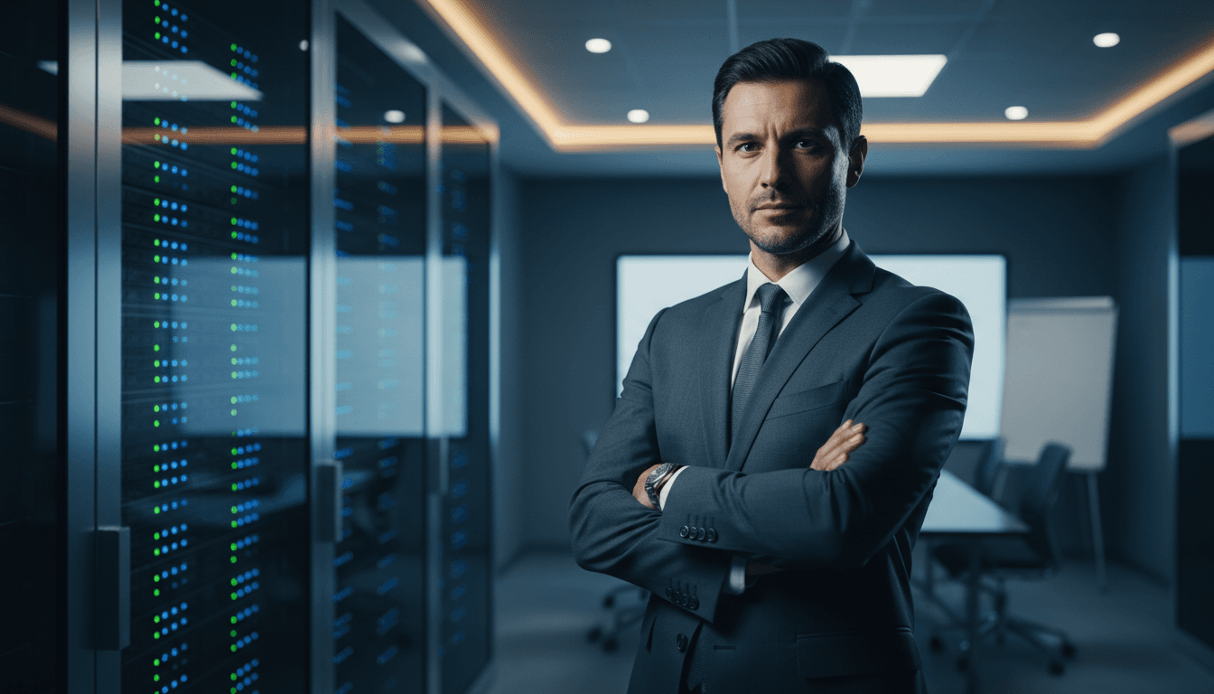 IT consultant standing in a modern office with a server rack in the background