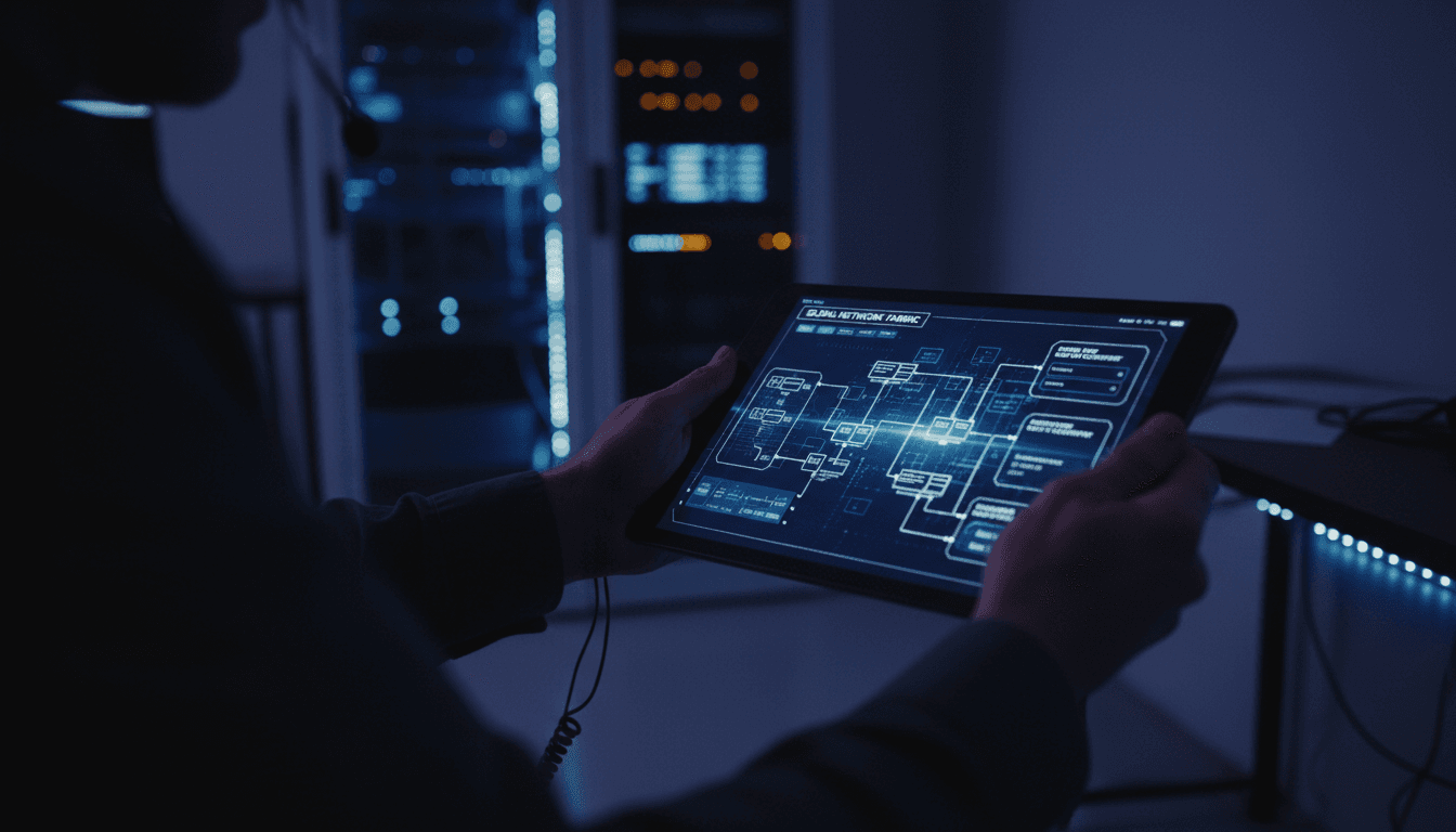IT consultant reviewing network roadmap on a tablet in a dim office