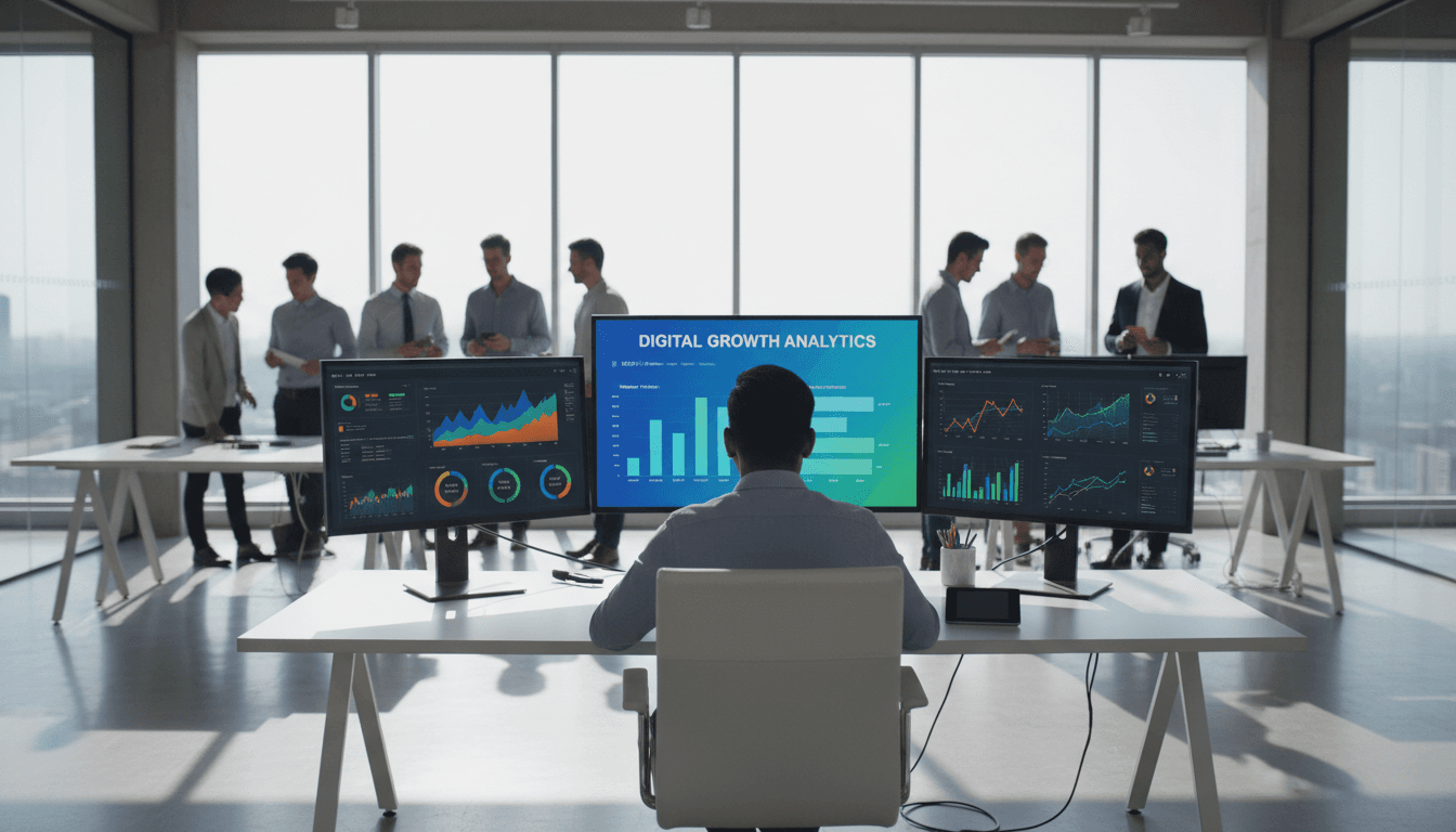 IT consultant's desk with monitor showing data dashboards in a dim Colorado office
