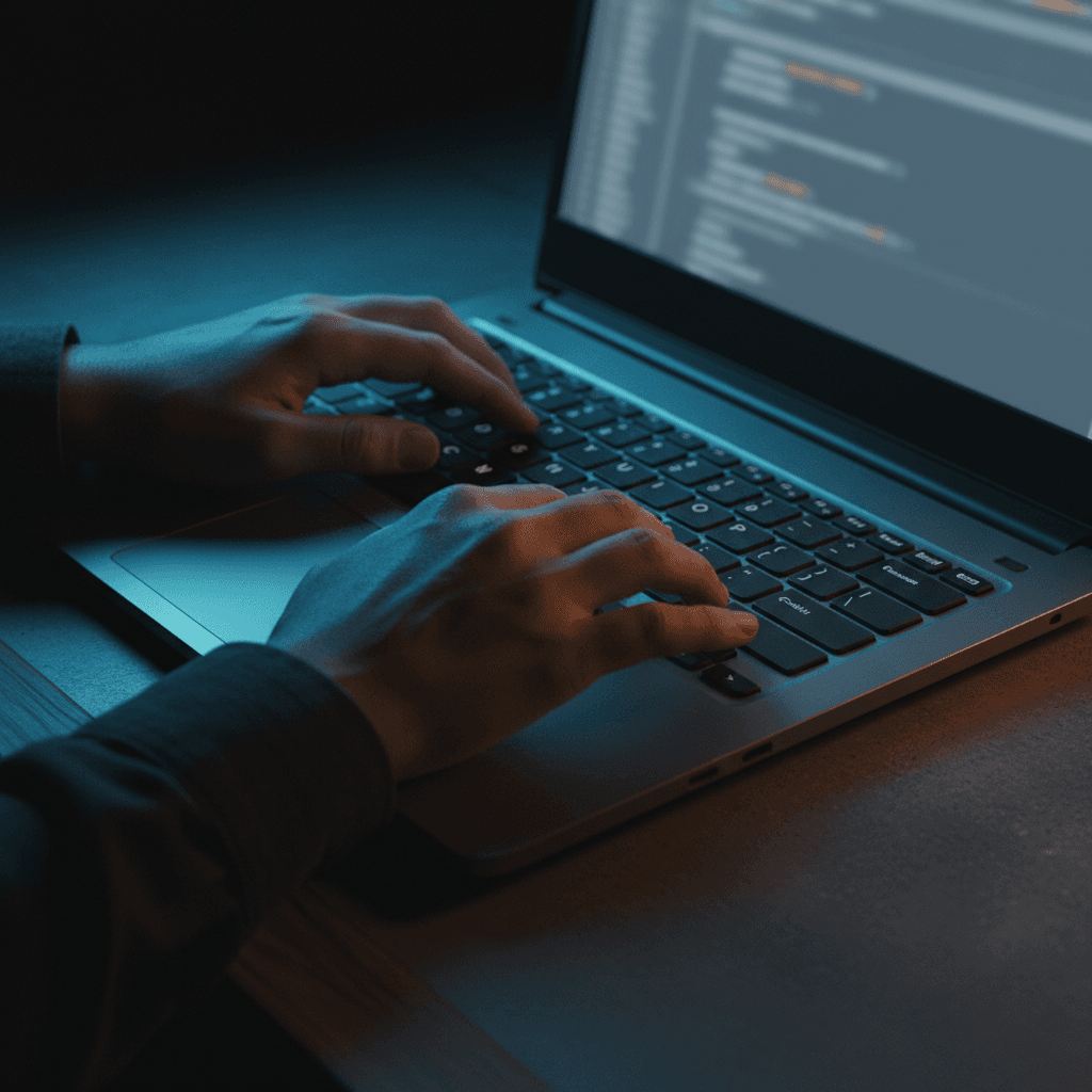 IT consultant typing on a laptop in a dimly lit office