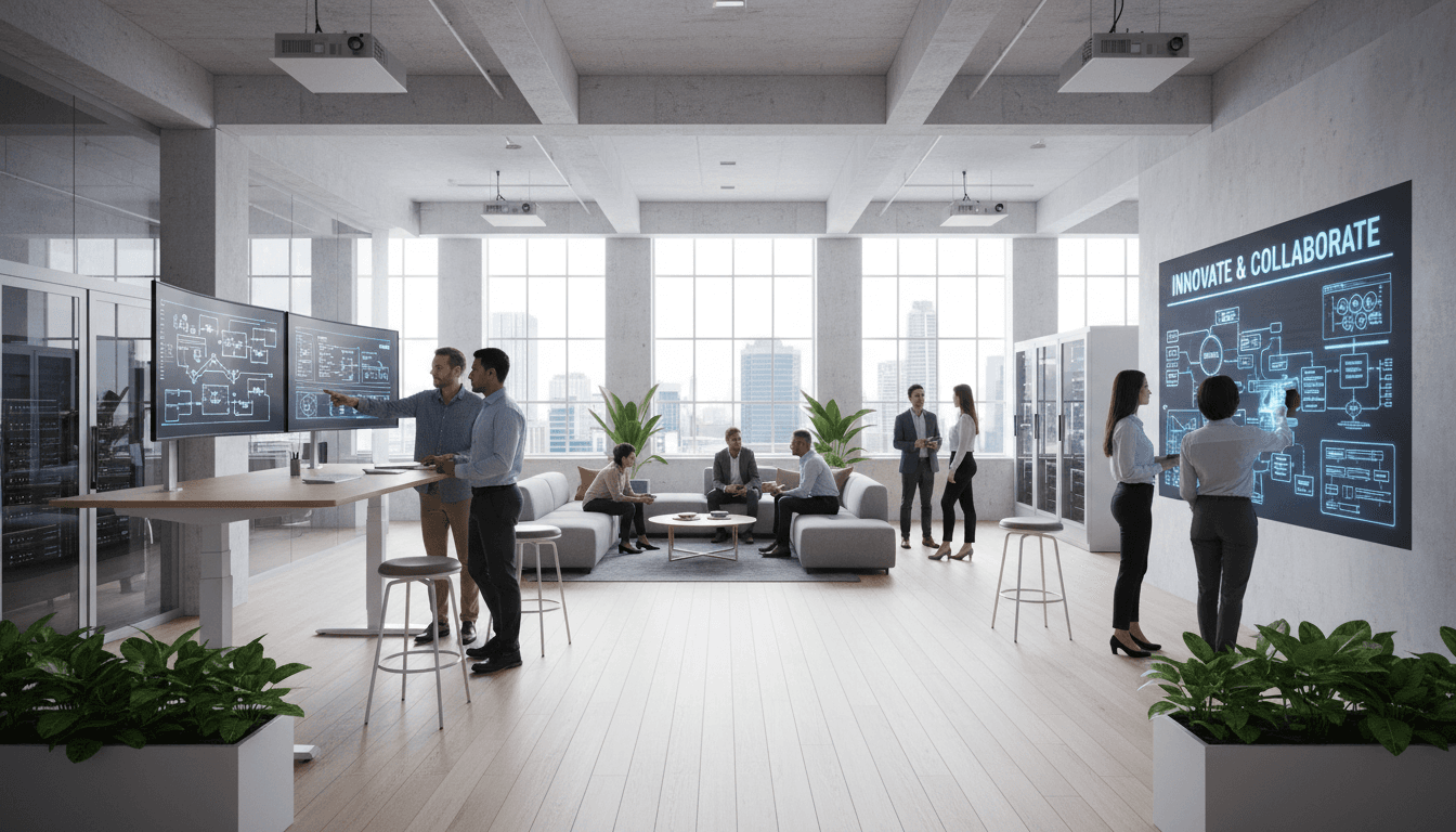 IT consultant in Colorado reviewing data on multiple monitors in a modern office