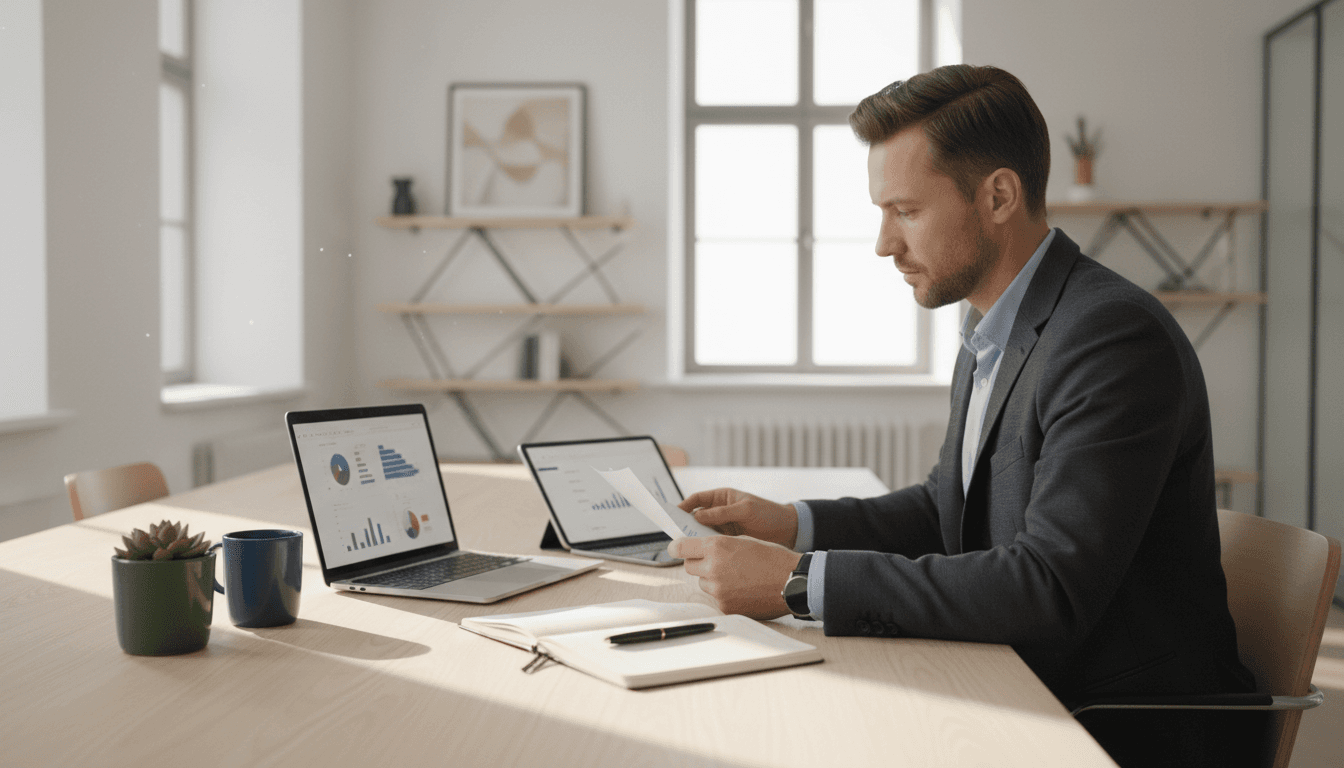 IT consultant reviewing network infrastructure in a modern office