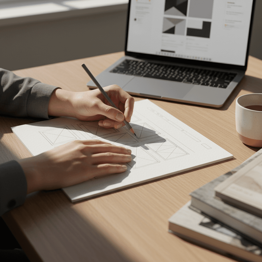 Hands sketching a simple flowchart on a whiteboard