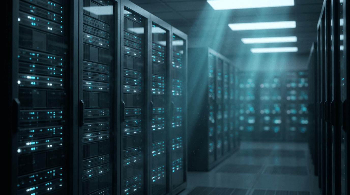 Modern server room with subtle blue lighting